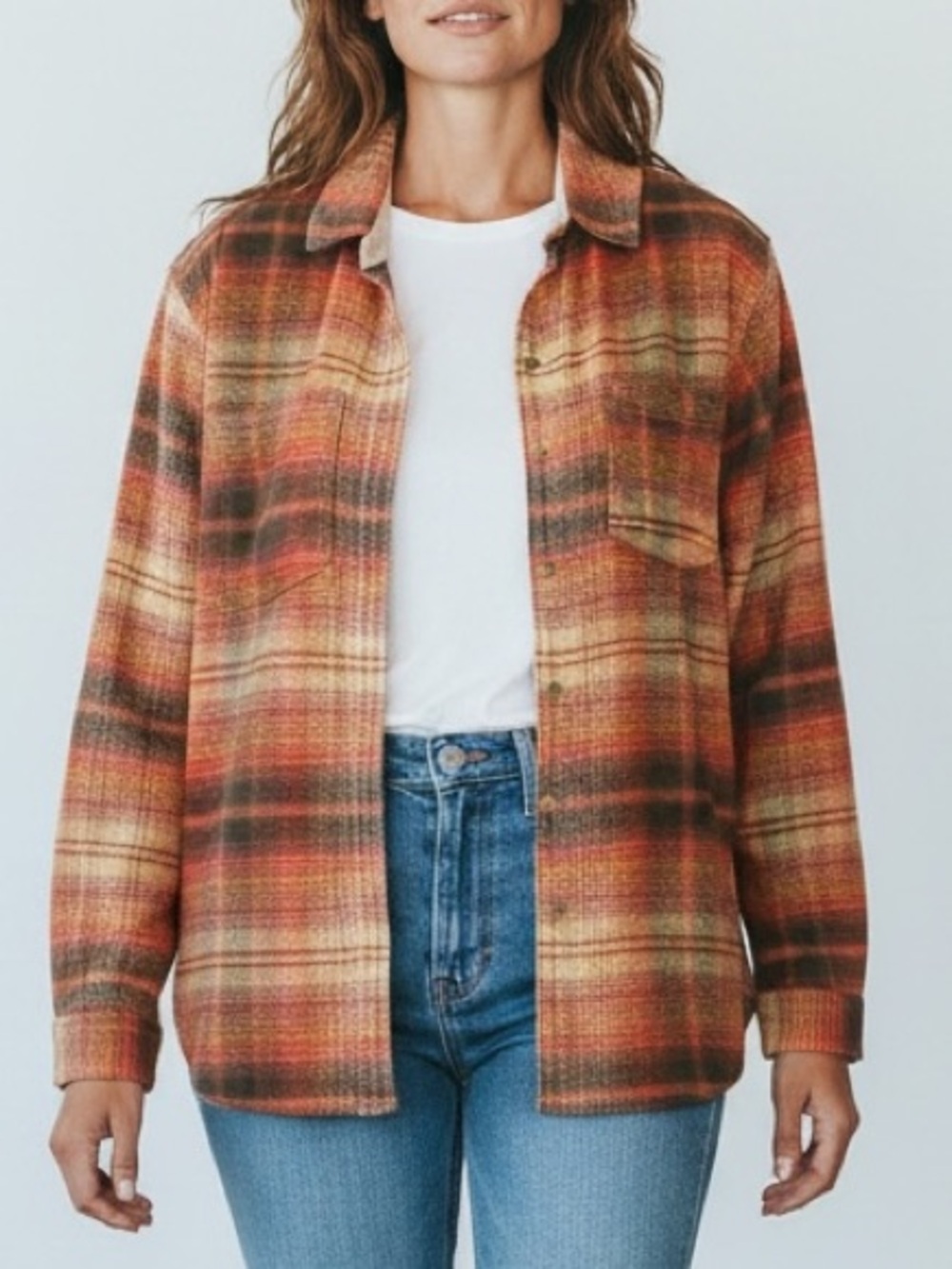 American Eagle Plaid Flannel Button Accent Shirt OrangeBrown Cream L 100% cotton